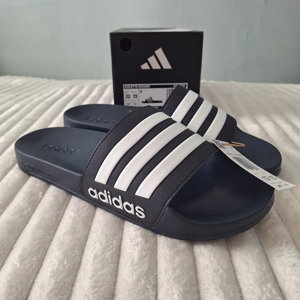 Adidas Mens Adilette Shower Slides Sandals 12 Navy Wht Striped Causal Athleisure